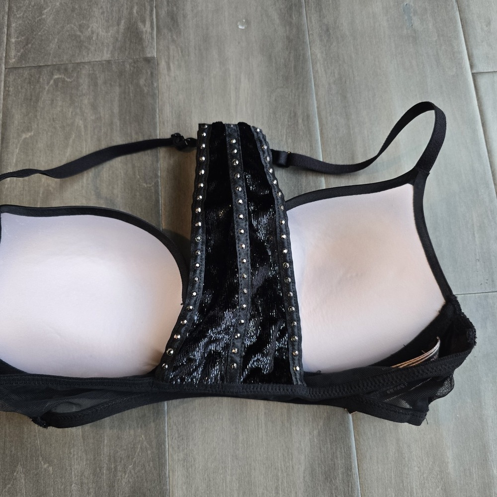 Victoria's Secret Very Sexy Push-Up Bra Black Velvet T-Back 34B Front-Close - Picture 3 of 4
